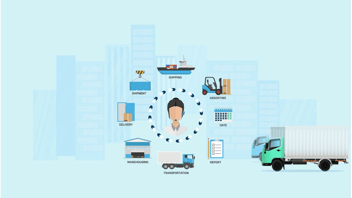 Supply chain management illustration with connected logistics icons