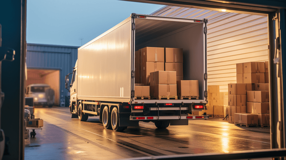 Open freight truck being loaded with stacked boxes