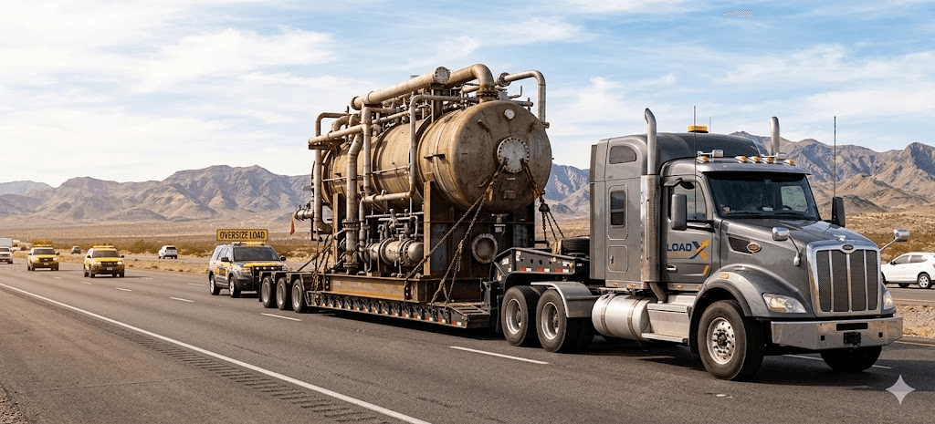 Heavy haulage freight truck carrying industrial equipment