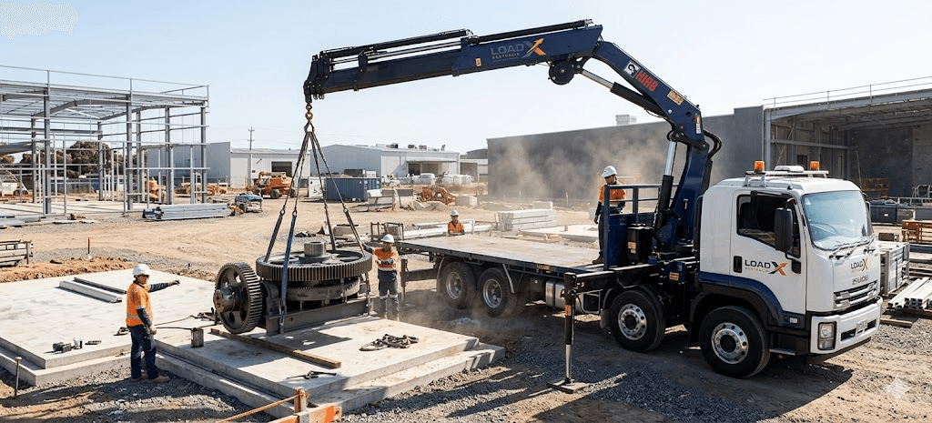 Hiab truck unloading equipment at a job site