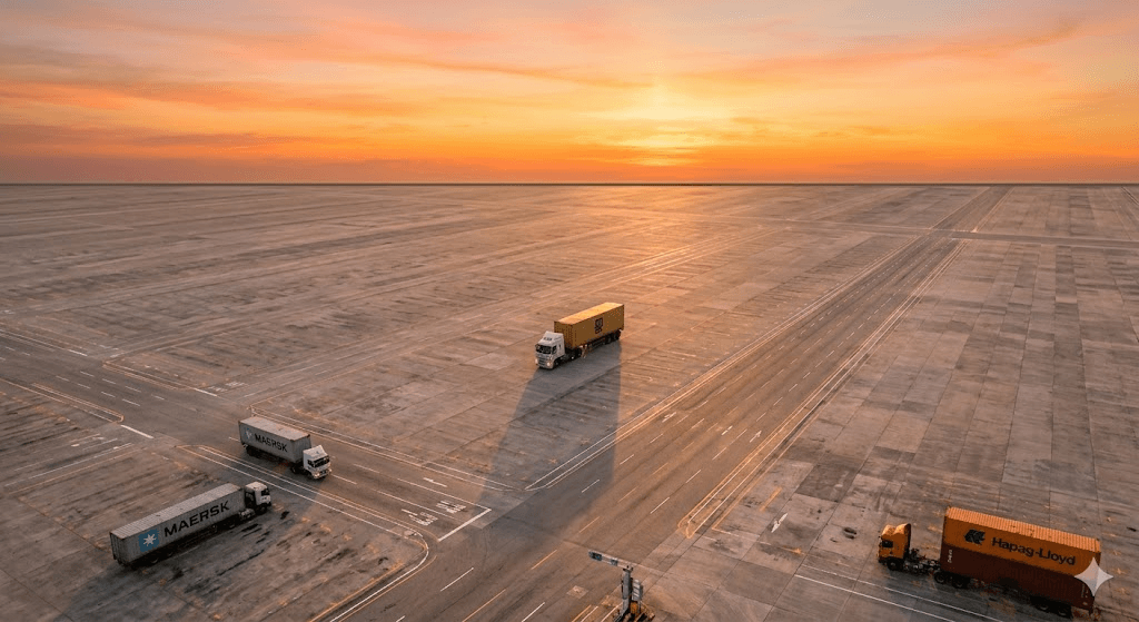 Cargo trucks on open freight yard at sunset