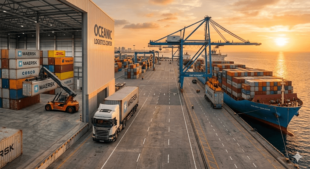 Port logistics with containers and truck