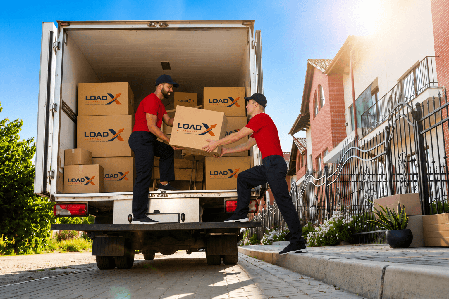 LoadX Australia team moving freight boxes from a truck