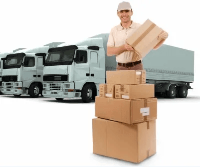 Worker holding a parcel in front of a freight truck